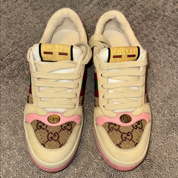 Gucci Cream and Pink Crystal Logo Sneakers sz 38 - Picture 1 of 7